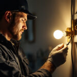 A photograph of a modern lighting contractor installing led light bulbs in a residential setting