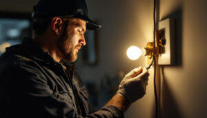 A photograph of a modern lighting contractor installing led light bulbs in a residential setting