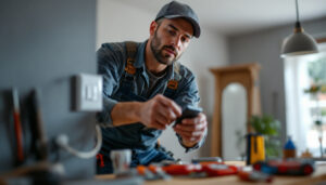 A photograph of a lighting contractor expertly installing a three pole switch in a residential setting