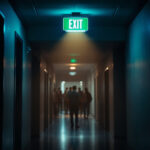 A photograph of a well-lit exit sign equipped with emergency lights in a dimly lit corridor