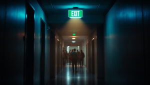 A photograph of a well-lit exit sign equipped with emergency lights in a dimly lit corridor