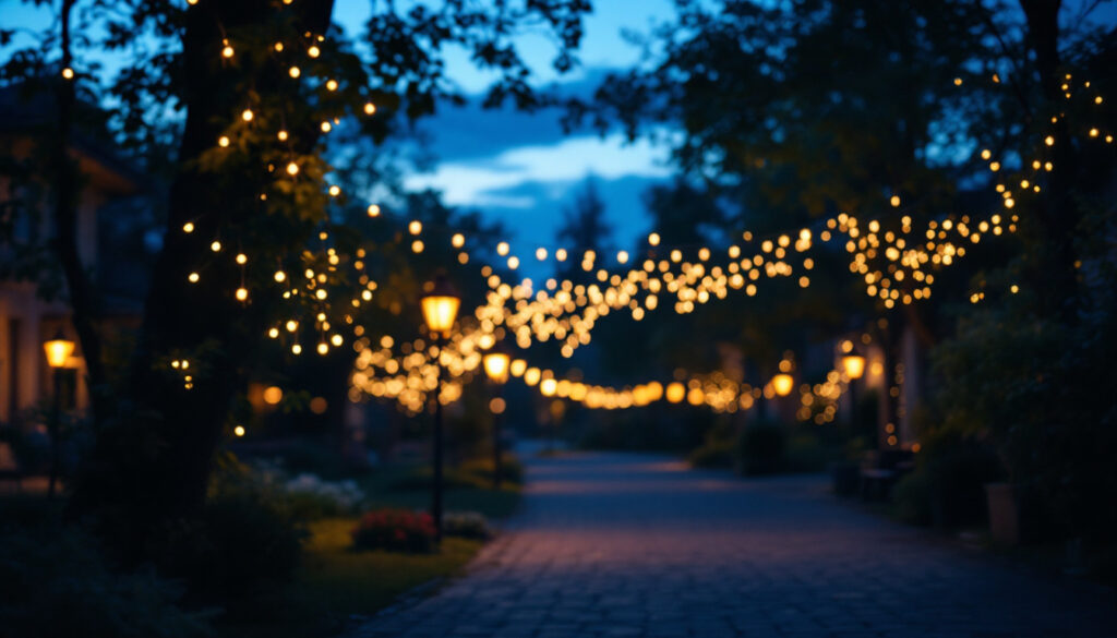 A photograph of a beautifully lit outdoor scene at dusk