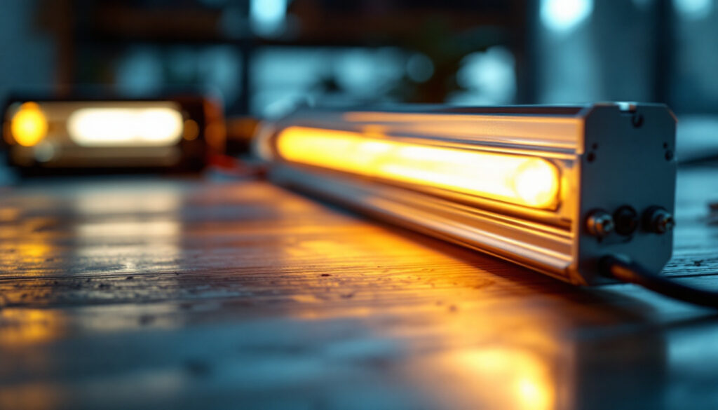 A photograph of a close-up shot of a fluorescent light ballast alongside a glowing fluorescent tube in a well-lit workspace