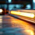 A photograph of a close-up shot of a fluorescent light ballast alongside a glowing fluorescent tube in a well-lit workspace