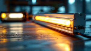 A photograph of a close-up shot of a fluorescent light ballast alongside a glowing fluorescent tube in a well-lit workspace