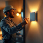 A photograph of a lighting contractor installing a modern wifi light switch in a stylish home setting