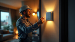 A photograph of a lighting contractor installing a modern wifi light switch in a stylish home setting