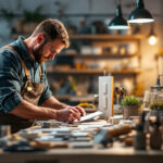 A photograph of a lighting contractor examining various light switch materials and designs in a well-lit workspace