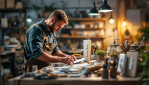 A photograph of a lighting contractor examining various light switch materials and designs in a well-lit workspace