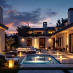 A photograph of a beautifully illuminated outdoor space featuring a variety of stylish lighting fixtures