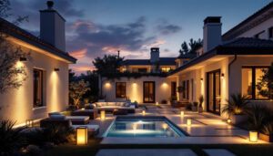 A photograph of a beautifully illuminated outdoor space featuring a variety of stylish lighting fixtures