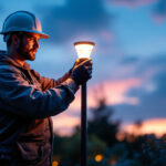 A photograph of a skilled lighting contractor installing a sleek
