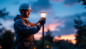 A photograph of a skilled lighting contractor installing a sleek