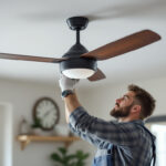 A photograph of a lighting contractor installing a stylish ceiling fan with an integrated switch in a modern home setting
