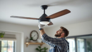 A photograph of a lighting contractor installing a stylish ceiling fan with an integrated switch in a modern home setting