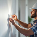 A photograph of a lighting contractor installing a movement detector light switch in a residential setting
