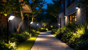 A photograph of a well-lit outdoor space showcasing various styles of led flood lights in use