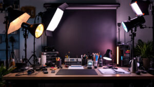 A photograph of a well-organized lighting workspace featuring essential tools and equipment