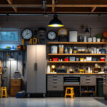 A photograph of a well-lit residential garage showcasing various lighting options