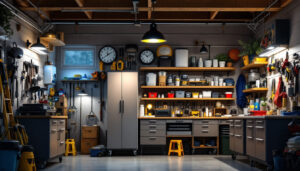 A photograph of a well-lit residential garage showcasing various lighting options