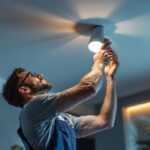 A photograph of a lighting contractor skillfully installing a stylish ceiling light fixture in a modern interior setting