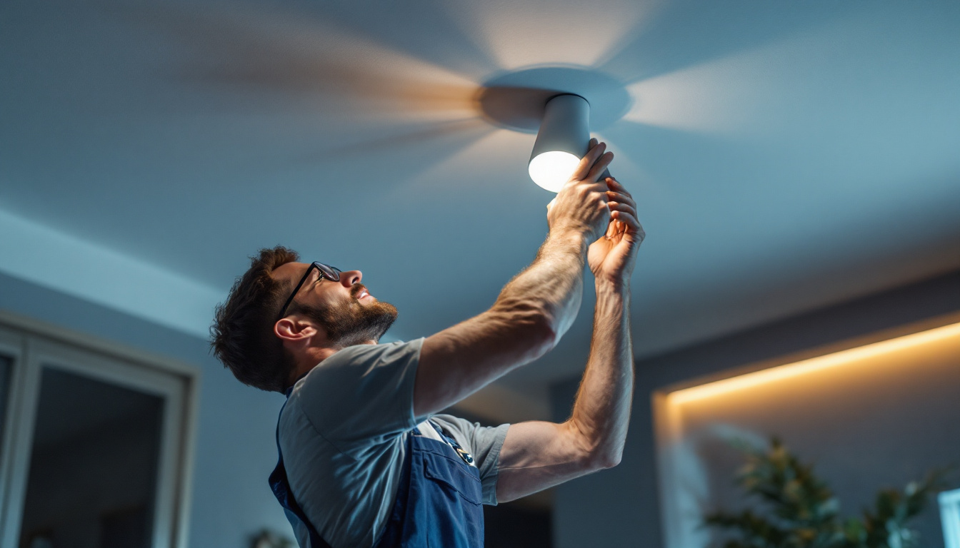 A photograph of a lighting contractor skillfully installing a stylish ceiling light fixture in a modern interior setting