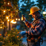 A photograph of a lighting contractor installing solar-powered led fixtures in an outdoor setting