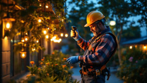 A photograph of a lighting contractor installing solar-powered led fixtures in an outdoor setting