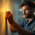 A photograph of a lighting contractor in action