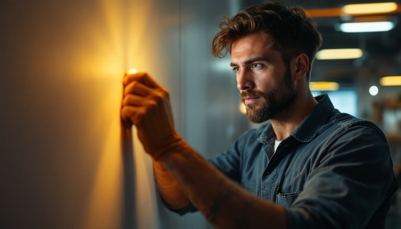 A photograph of a lighting contractor in action