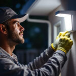 A photograph of a lighting contractor installing 12v led security lights in a residential or commercial setting