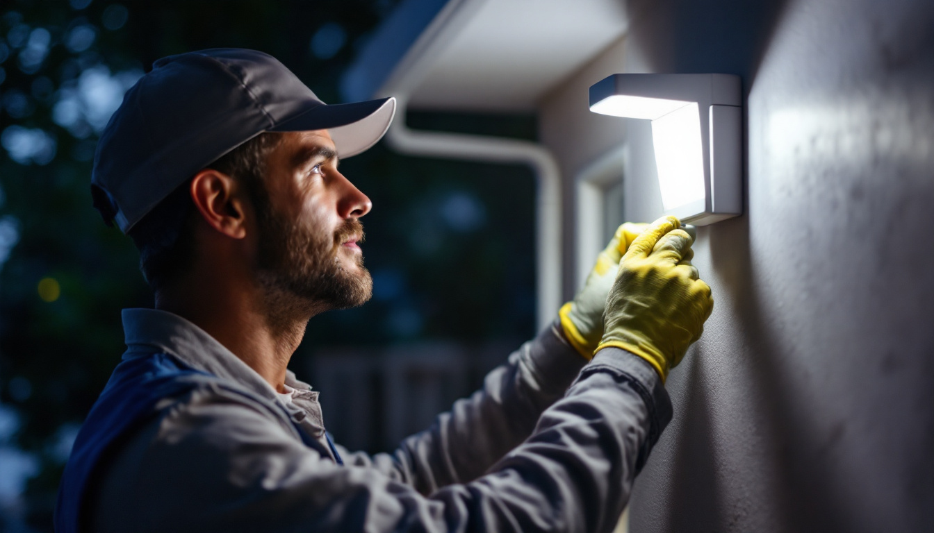 A photograph of a lighting contractor installing 12v led security lights in a residential or commercial setting