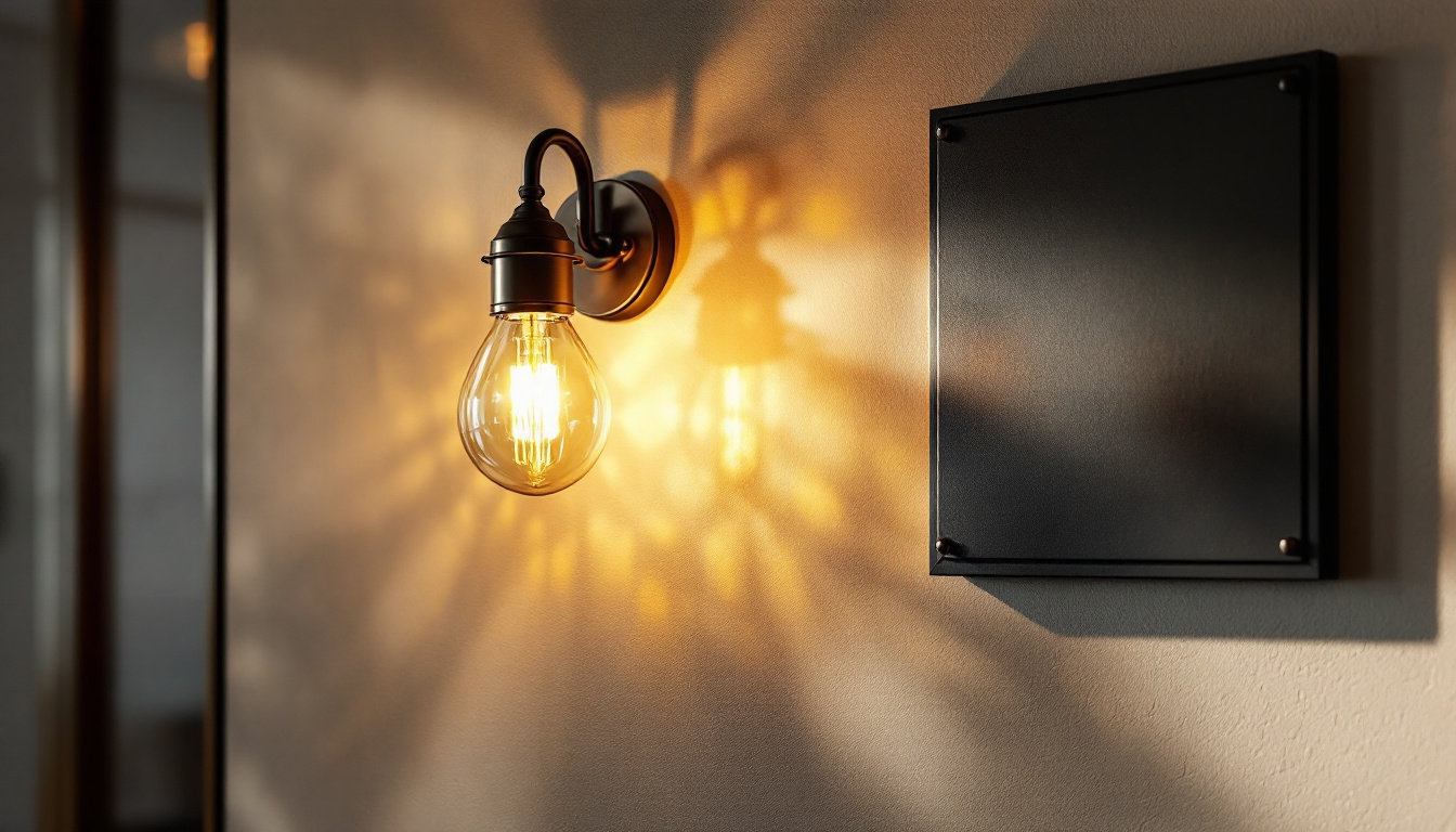 A photograph of a beautifully designed wall sconce light installed next to an elegant plaque on a well-lit wall