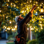 A photograph of a skilled lighting contractor in action
