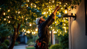A photograph of a skilled lighting contractor in action