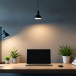 A photograph of a modern workspace or home environment featuring a combination of led and fluorescent lighting