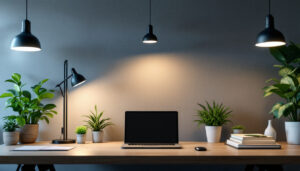 A photograph of a modern workspace or home environment featuring a combination of led and fluorescent lighting