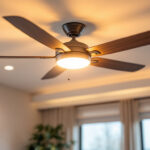 A photograph of a well-lit ceiling fan featuring stylish integrated lighting in a modern living space