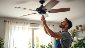A photograph of a skilled lighting contractor demonstrating the installation of an overhead fan switch