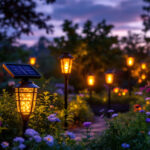 A photograph of a beautifully illuminated garden at dusk