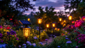 A photograph of a beautifully illuminated garden at dusk