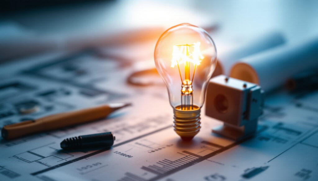 A photograph of a close-up shot of a glowing light bulb illuminating a workspace filled with blueprints and tools