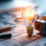 A photograph of a close-up shot of a glowing light bulb illuminating a workspace filled with blueprints and tools