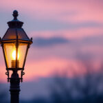 A photograph of a beautifully lit gas lamp in an outdoor setting