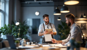A photograph of a skilled lighting contractor engaging with clients in a well-lit space