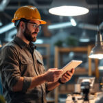 A photograph of a lighting contractor examining various modern lighting fixtures in a well-lit workspace