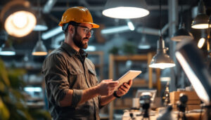 A photograph of a lighting contractor examining various modern lighting fixtures in a well-lit workspace