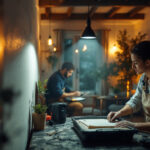 A photograph of a lighting contractor in action