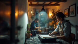 A photograph of a lighting contractor in action