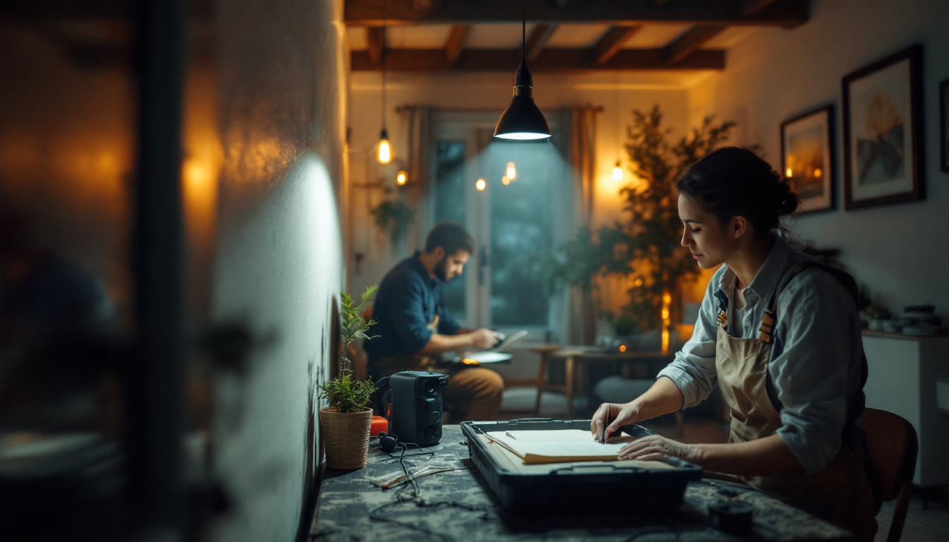 A photograph of a lighting contractor in action